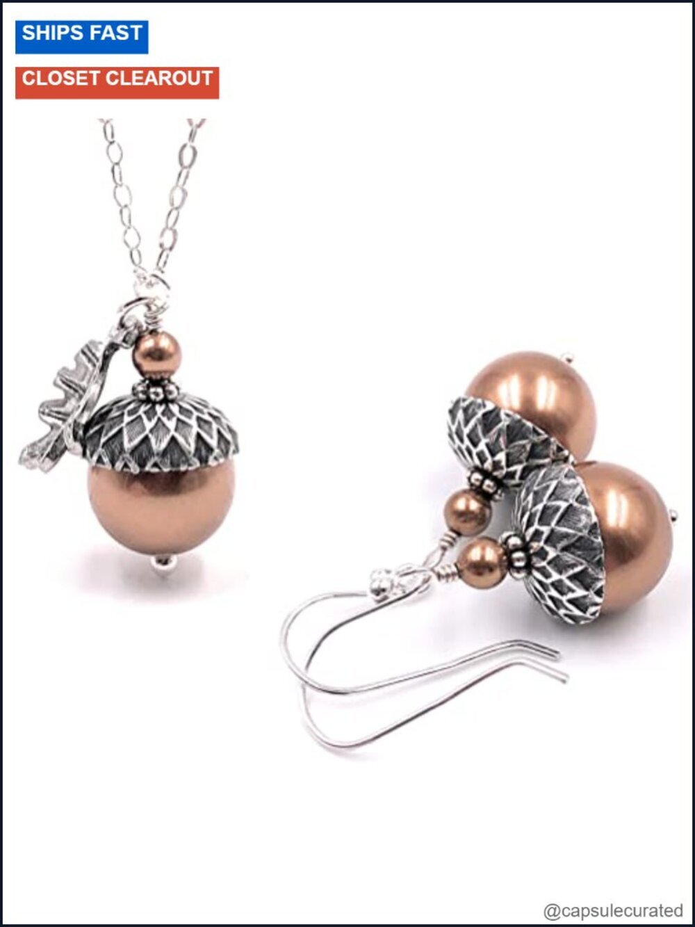 Vintage Acorn Jewelry Set Sterling Silver Chain Earwires